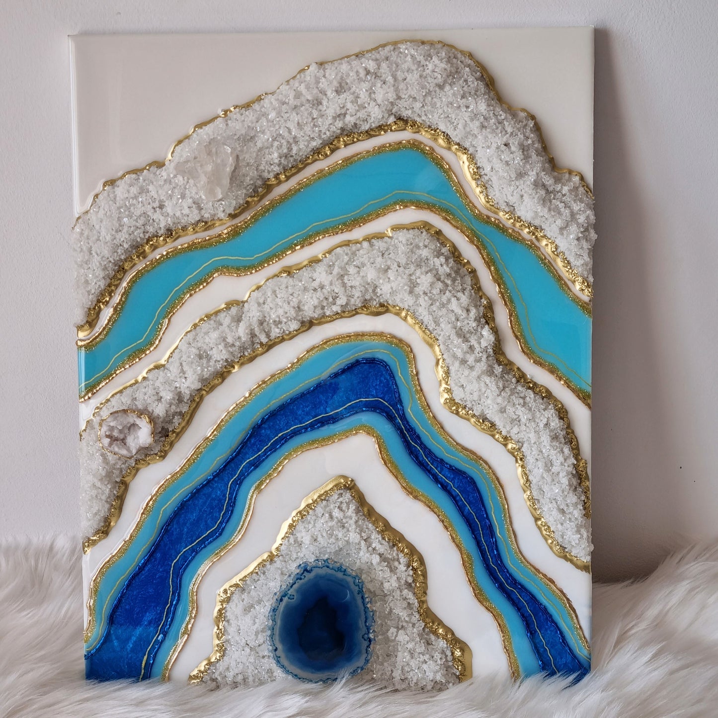 Resin Geode Wall Art Blue Agate and Clear Quartz Geode Druzies